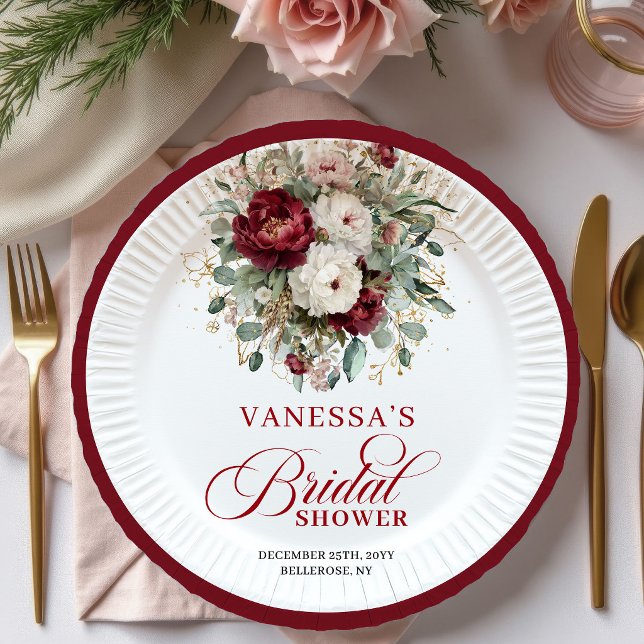 Platos de Papel Floral Rojo Profundo con Estilo pa (Stylish Deep Red Floral Bridal Shower Paper Plates)