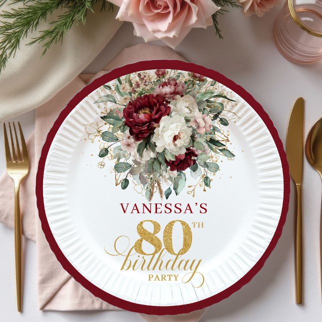 Platos de Papel Floral Rojo Profundo Elegante para (Stylish Deep Red Floral 80th Birthday Paper Plates)