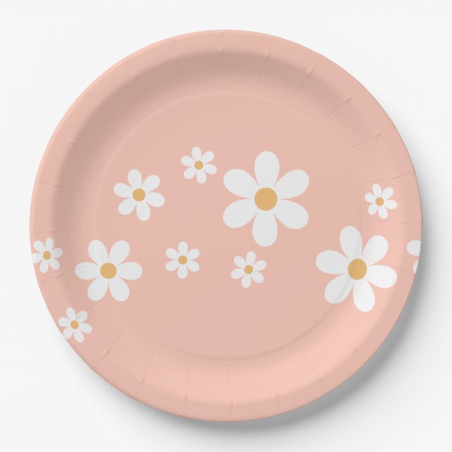 Platos de Papel Floral Rosa Claro Retro Daisy (Anverso)