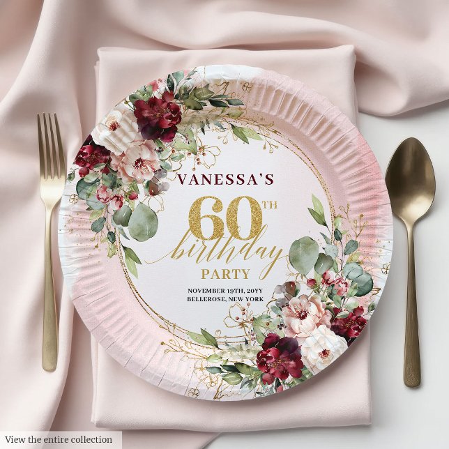 Platos de Papel Floral Rosa Merlot Boho Rústico Do (Rustic Boho Merlot Blush Gold Floral Paper Plates

)