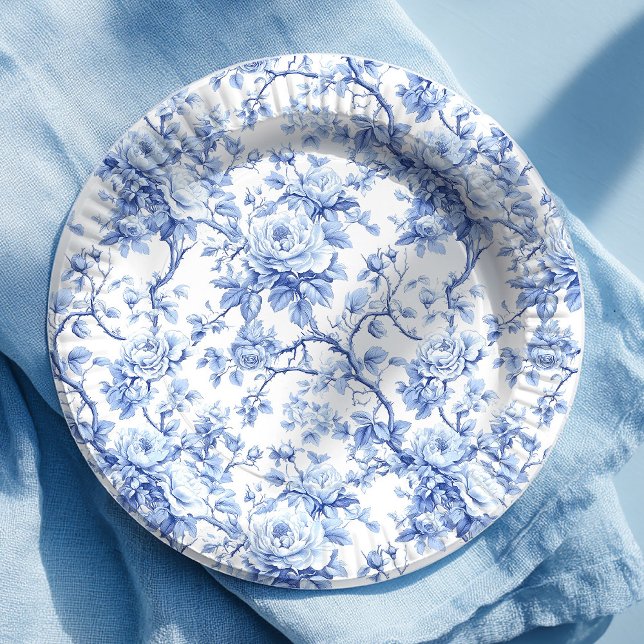 Platos de Papel Floral Rosas Toile Azules Francesa (Ornate Blue French Toile Roses Floral Paper Plates)