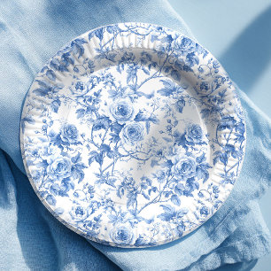 Platos de Papel Floral Rosas Toile Francés Azul Ch