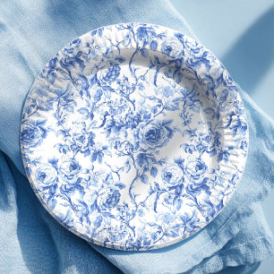 Platos de Papel Floral Rosas Toile Francesas Azul