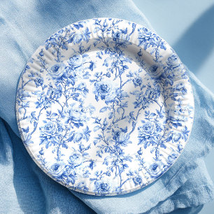 Platos de Papel Floral Rosas Toile Francesas Azule