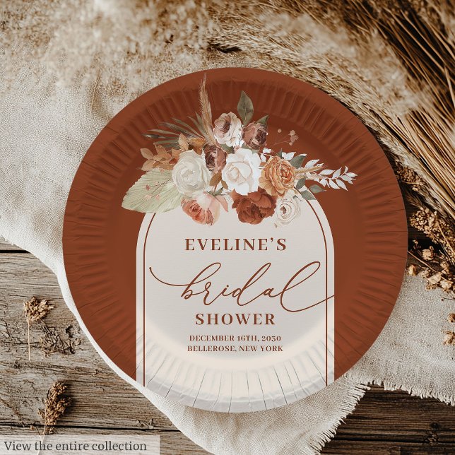 Platos de Papel Floral Terracota Boho Despedida de (Boho Terracotta Floral Paper Plates for Bridal Shower)