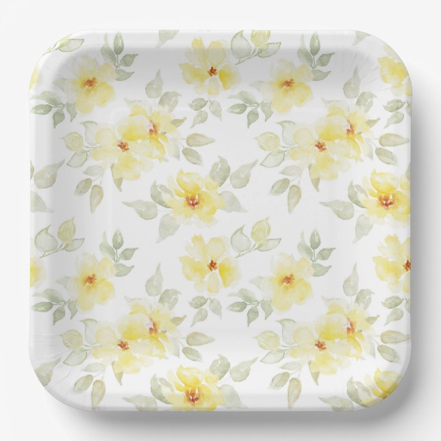 Platos de papel florales amarillos, flores de acua (Anverso)