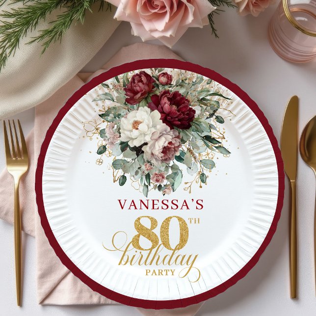 Platos de papel florales de Borgoña de moda para 8 (Trendy Burgundy Floral 80th Birthday Paper Plates)