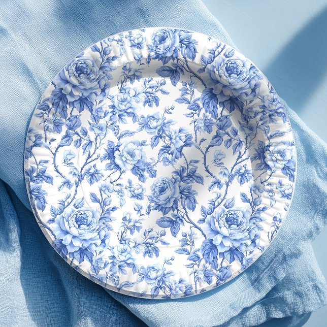 Platos de papel florales de rosas Toile Francesas  (Dusty Blue French Toile Roses Floral Paper Plates)