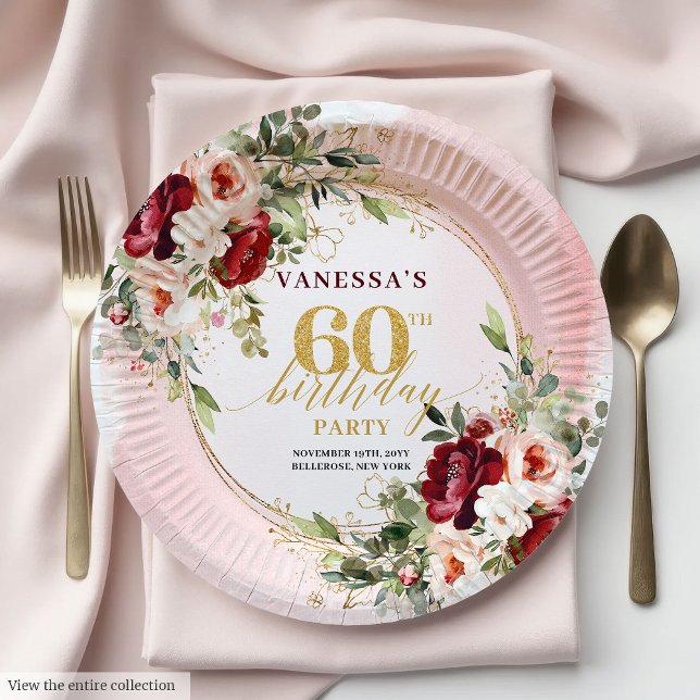 Platos de Papel Florales Modernos Boho Granate Rub (Modern Boho Maroon Blush Gold Floral Paper Plates

)