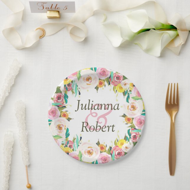 Platos de papel florales pastel (Boda)