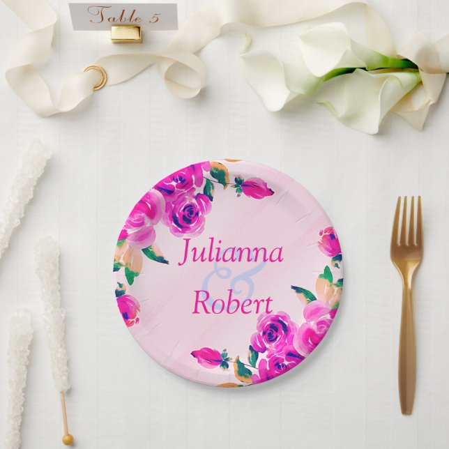 Platos de papel florales rosados (Boda)