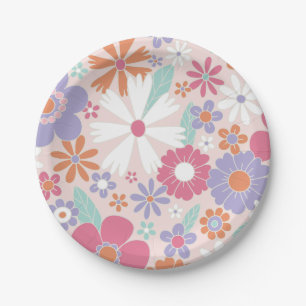 Platos de papel florales rosados retro divertidos