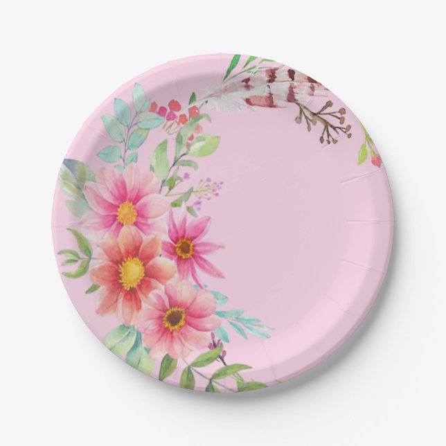 Platos de Papel, Flores Florales Rosadas (Anverso)