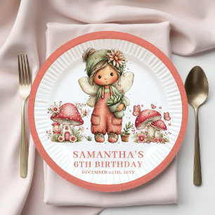Platos de Papel Flores Rosadas Cumpleaños Hada Lin