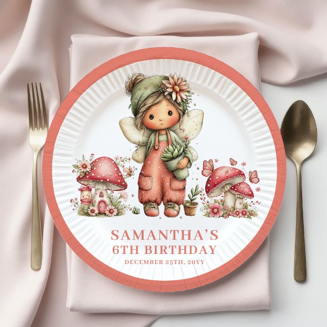 Platos de Papel Flores Rosadas Cumpleaños Hada Lin (Cute Fairy 8th Birthday Pink Flowers Paper Plates)