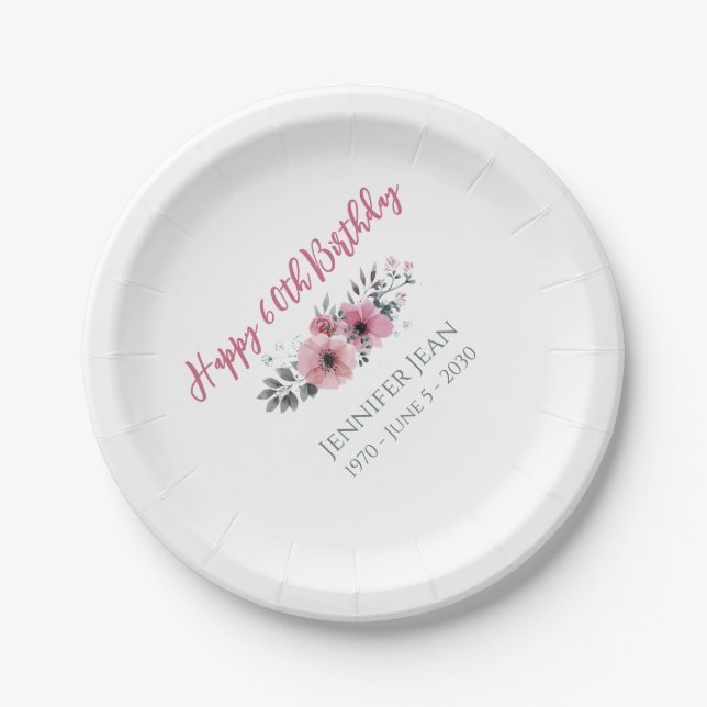 Platos de papel Flores rosadas Floral 60 cumpleaño (Anverso)
