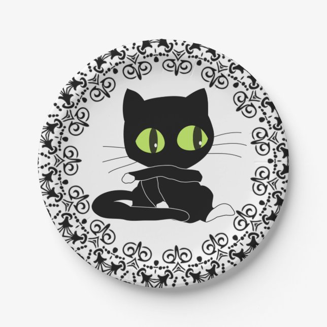 Platos de papel, gato negro con flores negras (Anverso)