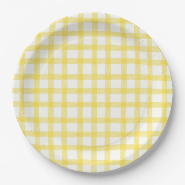 Platos de papel gingham amarillo limón 015 acuarel (Anverso)
