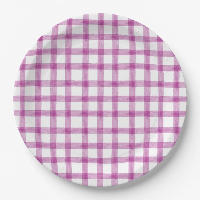 Platos de papel Gingham de vino 006 acuarela (Anverso)