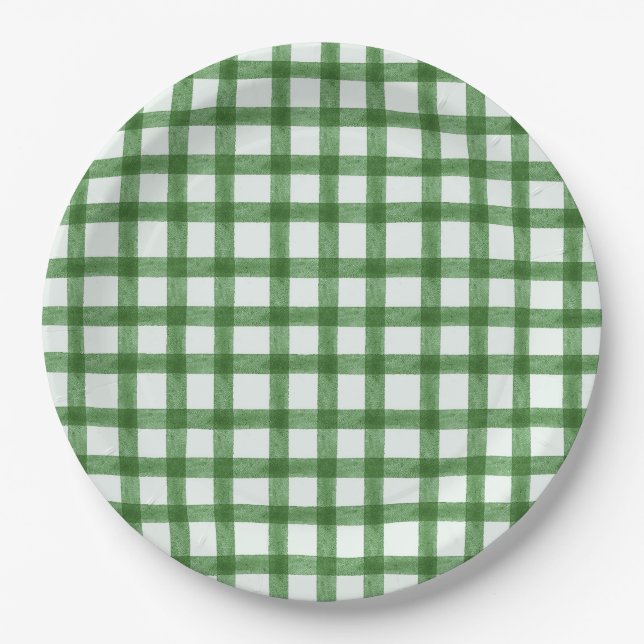Platos de papel Gingham verde bosque acuarela 019 (Anverso)