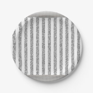 Platos de Papel, Gris Plateado y Raya Blanca