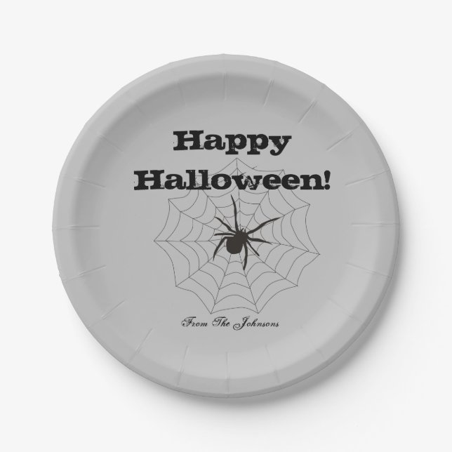 Platos de papel grises de araña negra para fiesta  (Anverso)