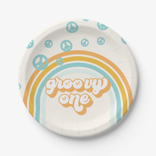 Platos de papel Groovy One Retro Boy cumpleaños 1 (Anverso)