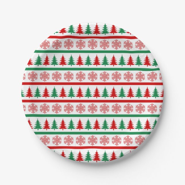 Platos de papel impresos con copos de nieve y árbo (Anverso)