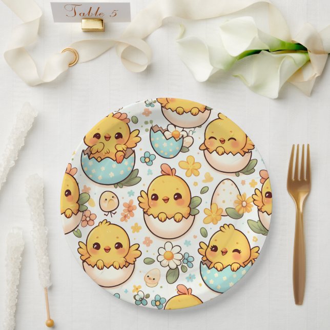 Platos de papel Kawaii de pollito de Pascua (Boda)
