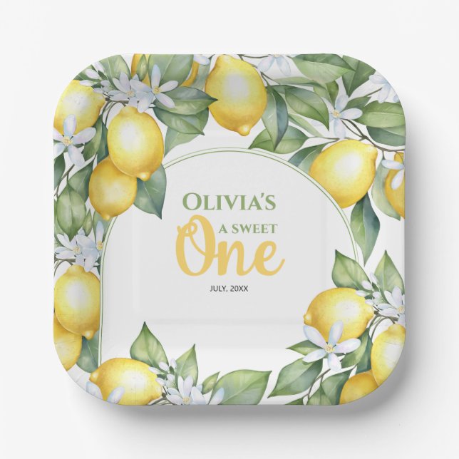Platos de papel Limón cítrico 1er cumpleaños.  (Anverso)