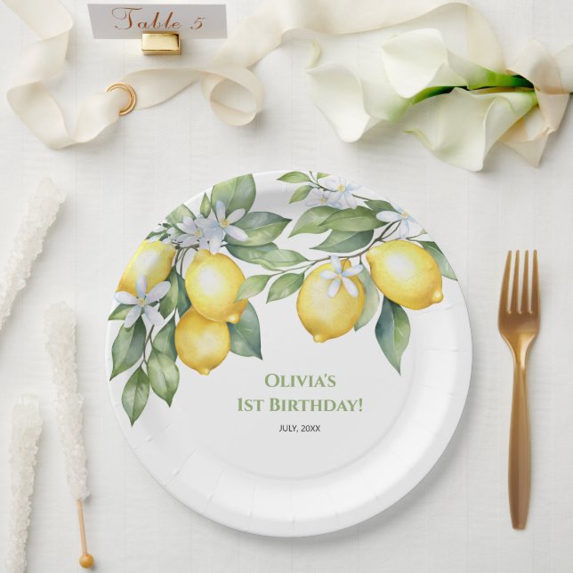 Platos de papel Limón cítrico 1er cumpleaños.  (Boda)