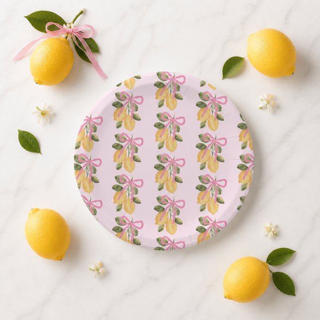 Platos de Papel Limón con Lazo Rosa (Pink Bow Lemon Paper Plates)