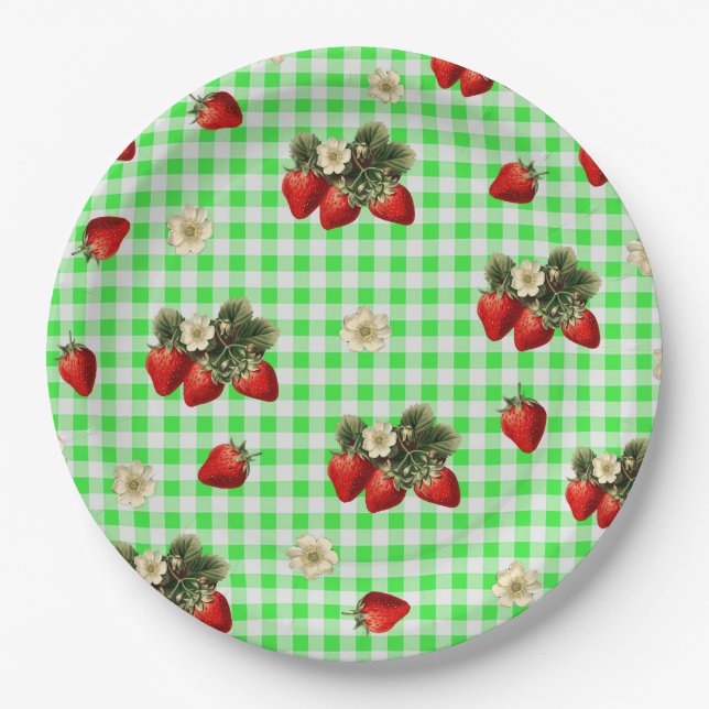 Platos de papel lindos con fresas y cuadros verdes (Anverso)