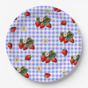 Platos de papel lindos de gingham de fresa y azul