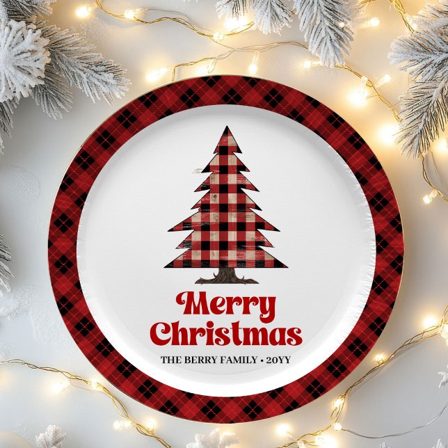 Platos de papel navideños con cuadros rojos y negr (Rustic Red Black Plaid Tree Christmas Paper Plates)