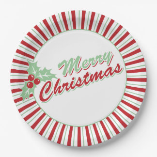 Platos de papel navideños de acebo y bastón de car