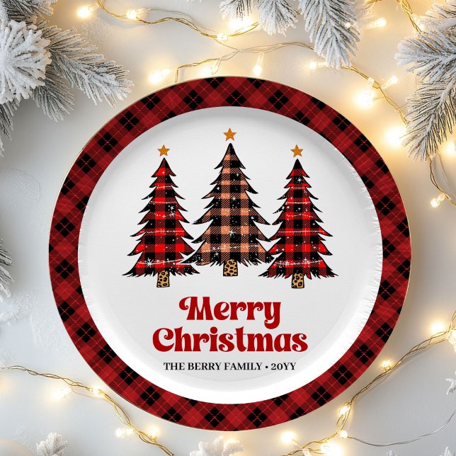 Platos de papel navideños de árbol de cuadros rúst (Charming Rustic Plaid Tree Christmas Paper Plates)