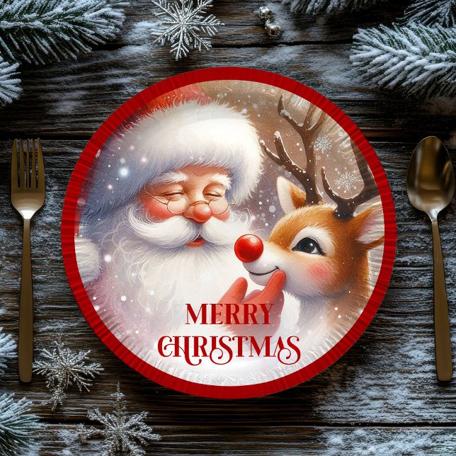 Platos de papel navideños para niños con Rudolph y (Cute Rudolph and Santa Kids Holiday Paper Plates)