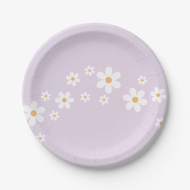 Platos de papel para Baby Shower boho Daisy lila (Anverso)