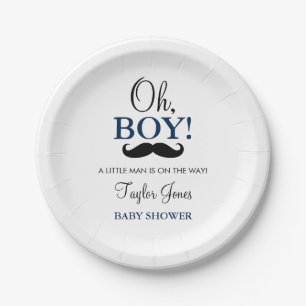 Platos de papel para baby shower con bigote Oh Boy