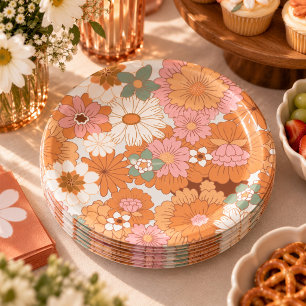 Platos de papel para baby shower con flores hippie
