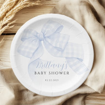 Platos de papel para baby shower con lazo azul de