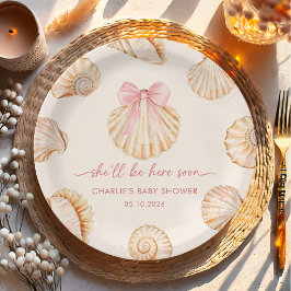 Platos de papel para baby shower con lazo rosa y c