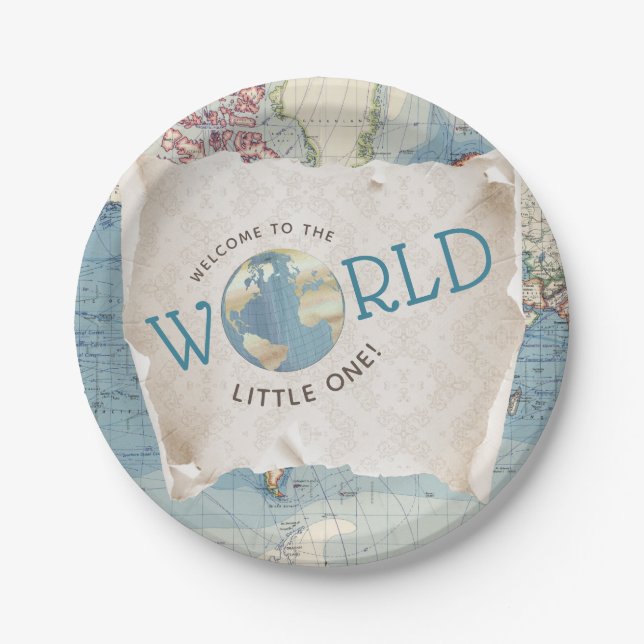 Platos de papel para baby shower con mapa antiguo (Anverso)