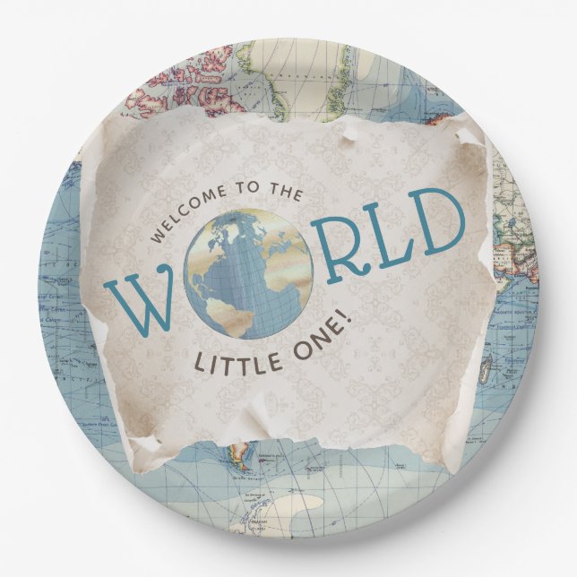 Platos de papel para baby shower con mapa antiguo (Anverso)