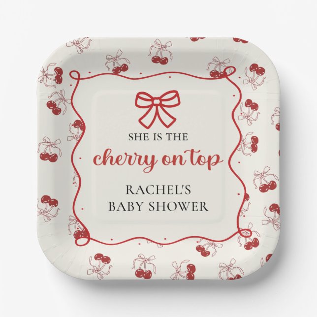 Platos de papel para baby shower Coquette Cherry o (Anverso)