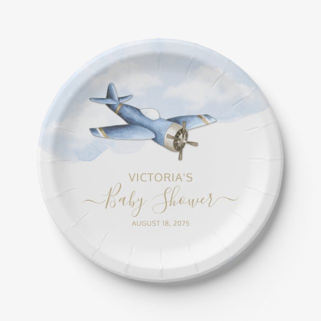 Platos de papel para baby shower de avión vintage (Anverso)