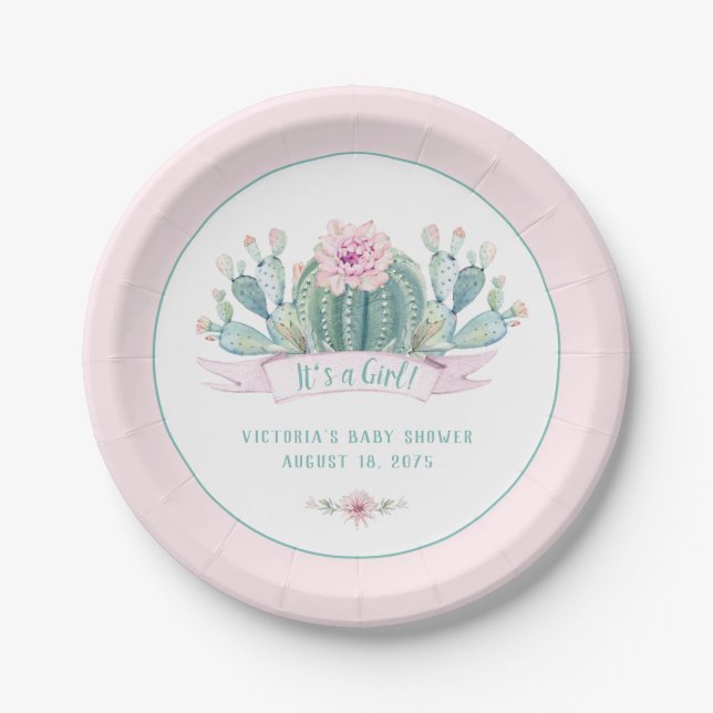 Platos de papel para baby shower de Cactus Bebé (Anverso)