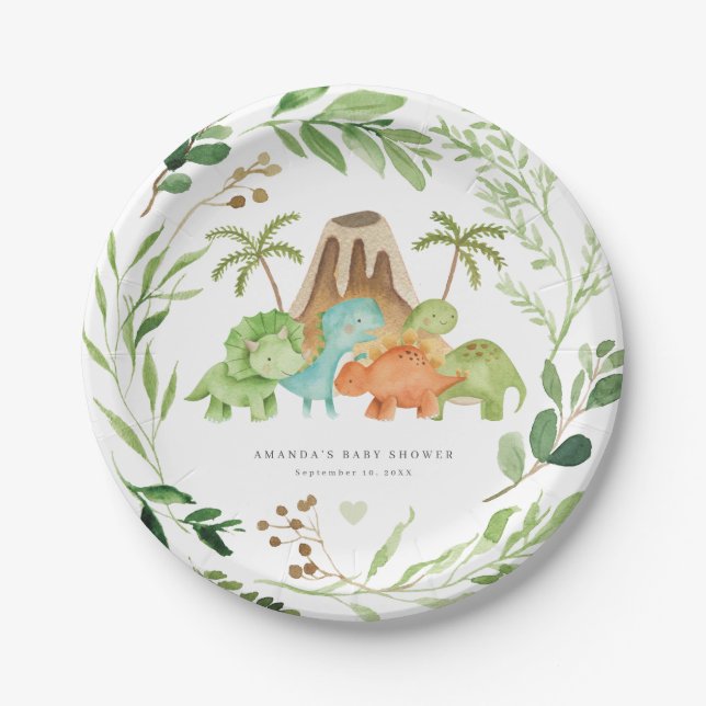 Platos de papel para baby shower de dinosaurios (Anverso)