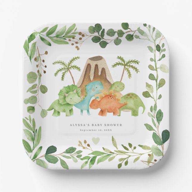 Platos de papel para baby shower de dinosaurios (Anverso)